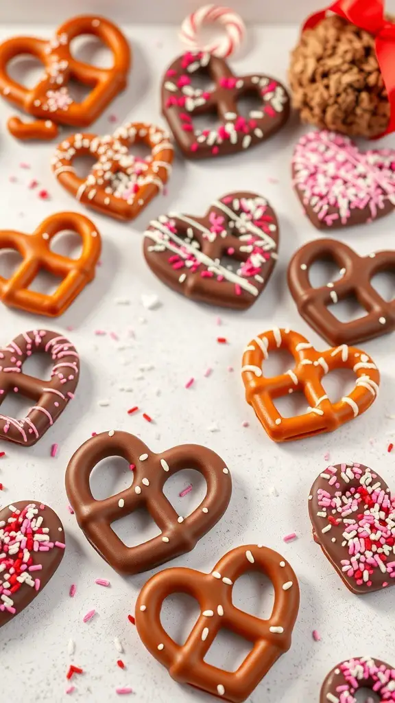 A variety of chocolate-covered heart-shaped pretzels with colorful sprinkles.