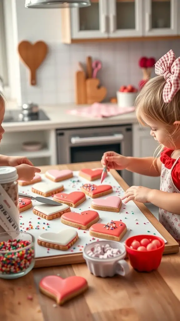 Children decorating heart-shaped cookies with icing and sprinkles in a bright kitchen.