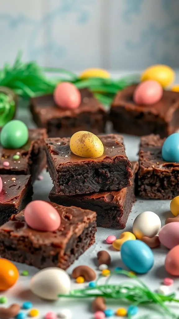 A plate of Easter Egg Brownies topped with colorful candy eggs and surrounded by pastel candies.