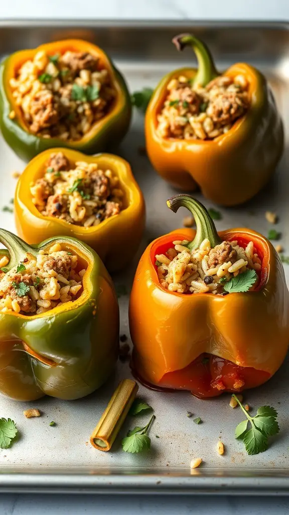 Stuffed bell peppers filled with Italian sausage and rice on a baking tray