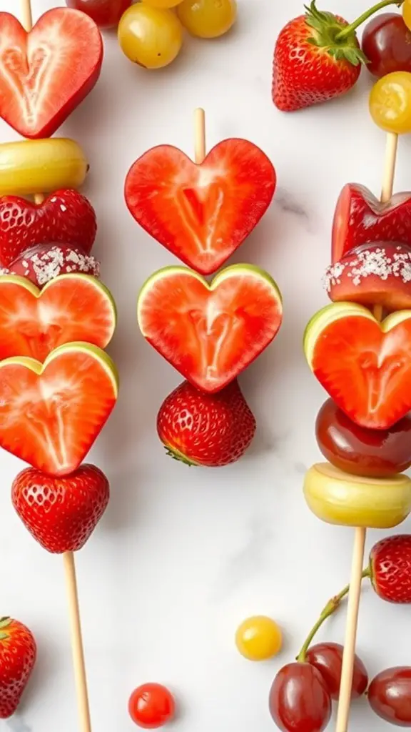 Colorful fruit kabobs with heart-shaped melon slices and strawberries