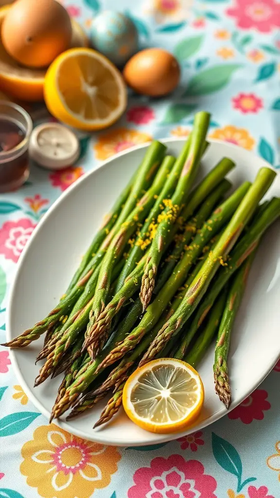 A plate of roasted asparagus with lemon zest, surrounded by Easter decorations.