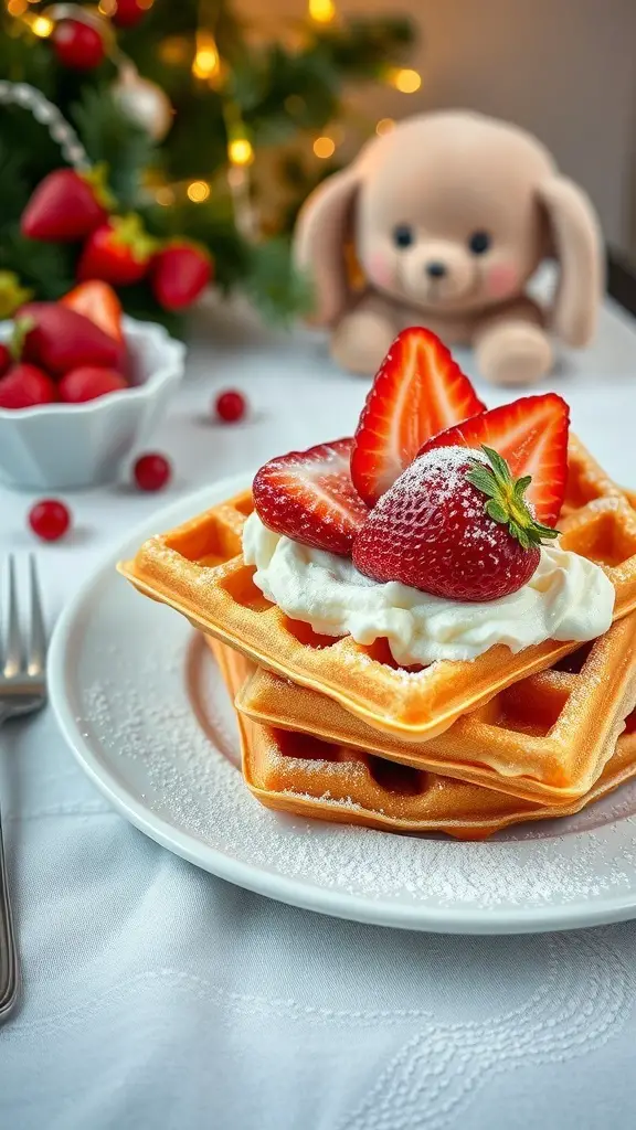 A plate of waffles topped with strawberries and whipped cream, with a plush toy in the background.