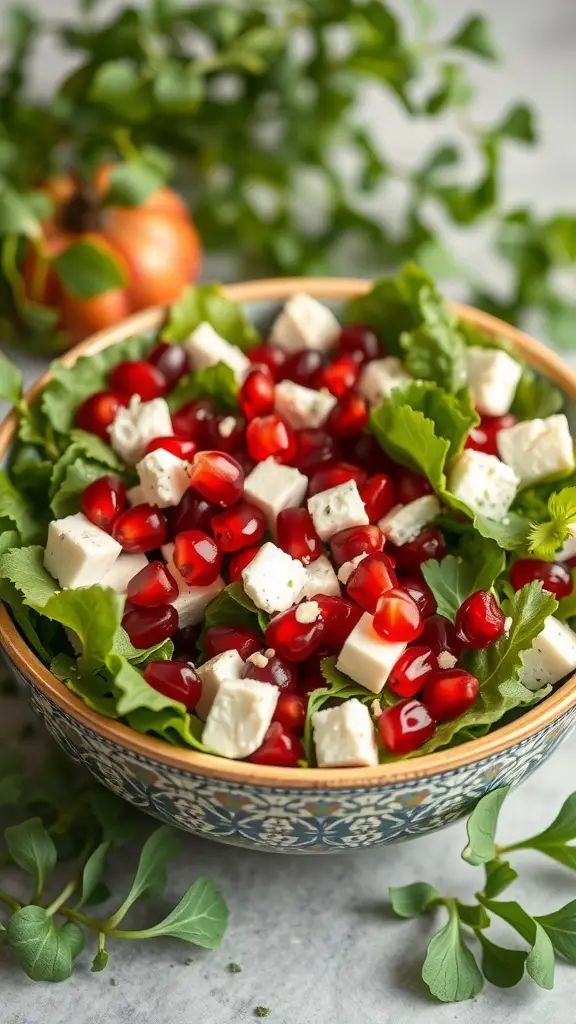 A bowl of Pomegranate and Feta Salad with greens, pomegranate seeds, and feta cheese.