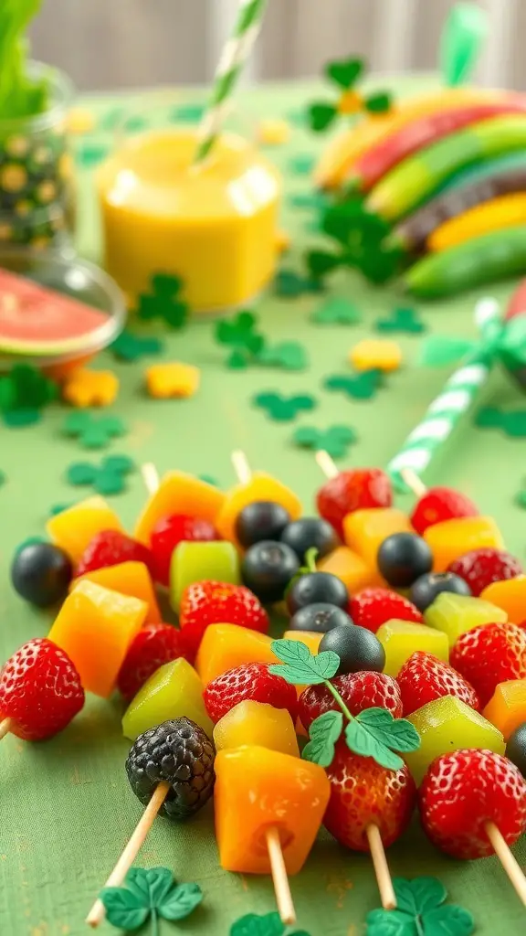Colorful fruit skewers arranged in a rainbow pattern on a green table with St. Patrick's Day decorations.