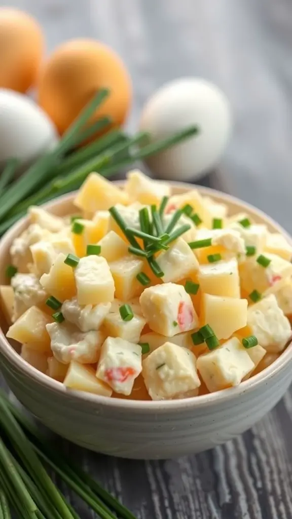 A bowl of classic potato salad with chives, surrounded by eggs and chives on a wooden surface.
