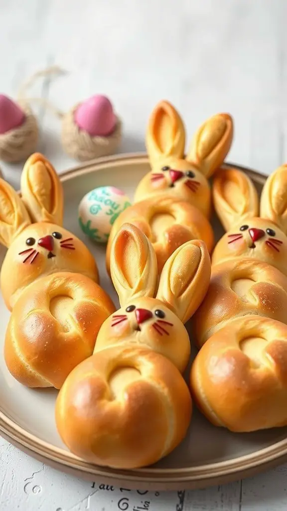 A plate of Easter Bunny Bread Rolls shaped like cute bunnies, with colorful Easter eggs in the background.