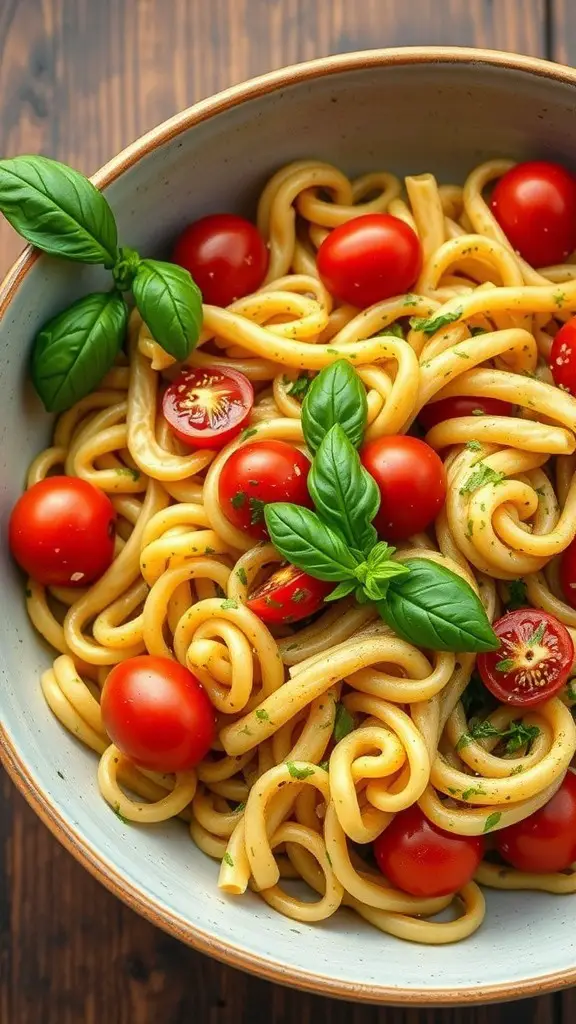 A bowl of pesto pasta salad with cherry tomatoes and fresh basil leaves.
