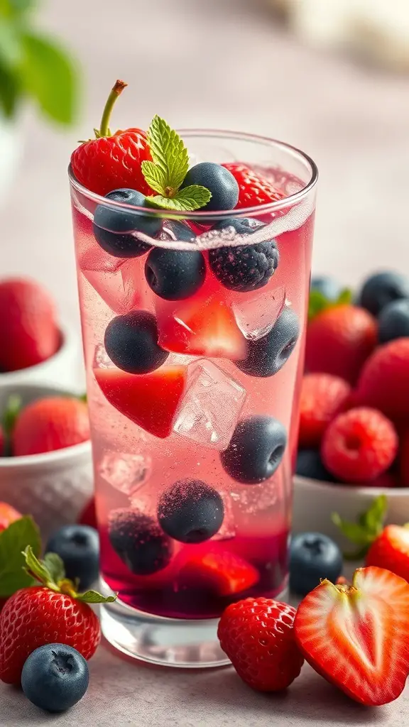 A refreshing Berry Fizz Mocktail with strawberries, blueberries, and raspberries in a glass