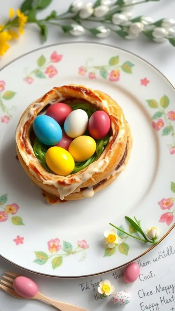 A cinnamon roll shaped like a nest filled with colorful candy eggs on a floral plate.