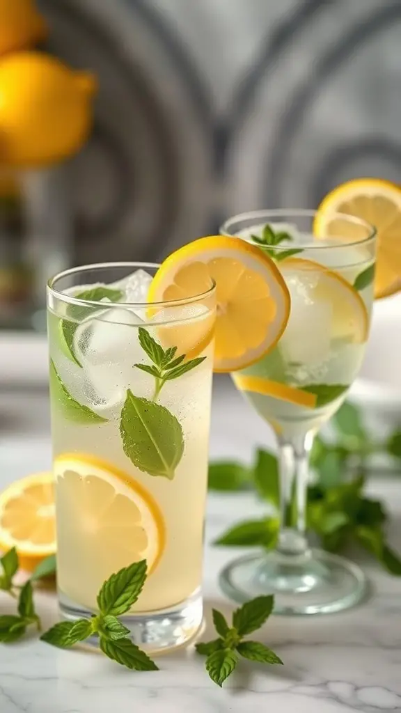 Two refreshing limoncello spritz cocktails with lemon slices and mint leaves