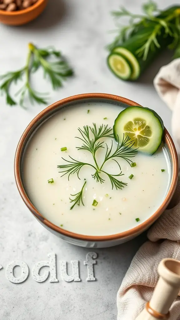 A bowl of chilled cucumber soup garnished with dill and cucumber slices.