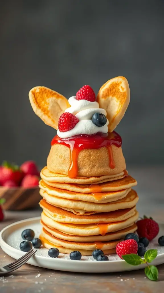 A stack of pancakes shaped like a bunny with whipped cream and berries on top.