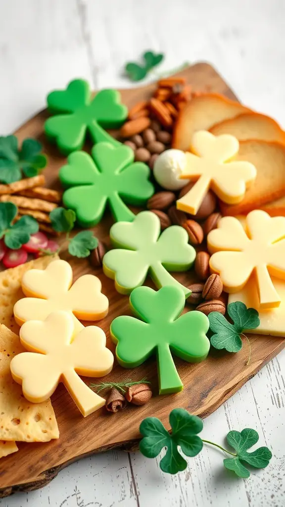A festive charcuterie board featuring shamrock-shaped cheese cutouts, assorted crackers, nuts, and fruits.