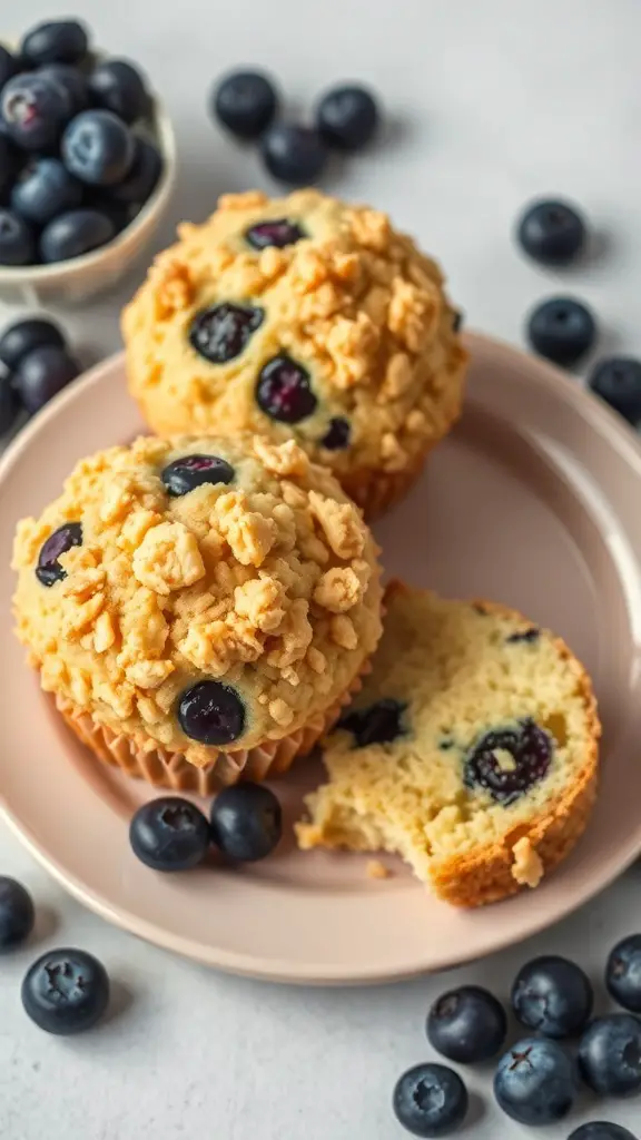 Two blueberry muffins with a crumb topping on a plate, surrounded by fresh blueberries.