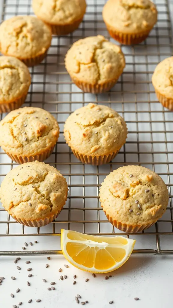 Freshly baked lemon poppy seed muffins on a cooling rack with a lemon slice