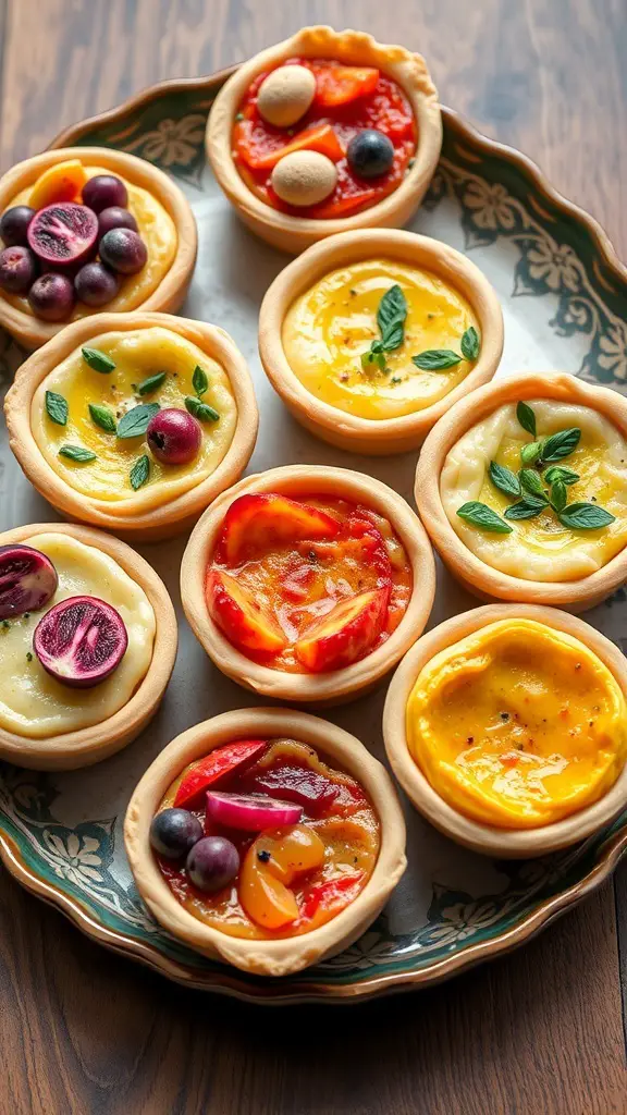A platter of mini quiches with various fillings and toppings