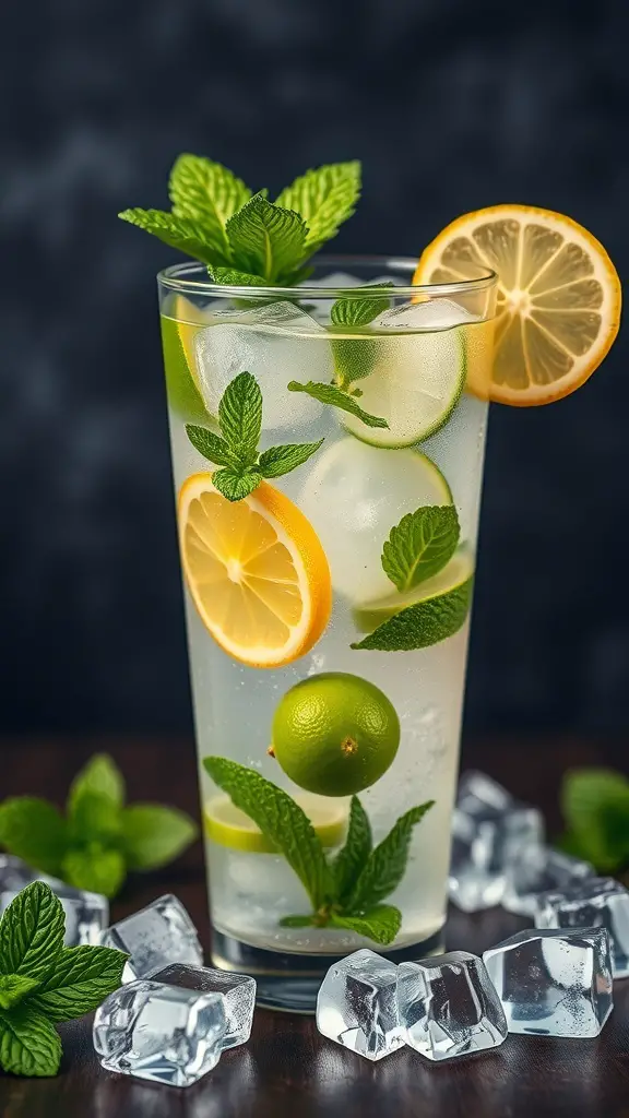 A refreshing Minty Lemon Lime Spritz mocktail with mint leaves, lemon, and lime slices in a tall glass, surrounded by ice cubes.