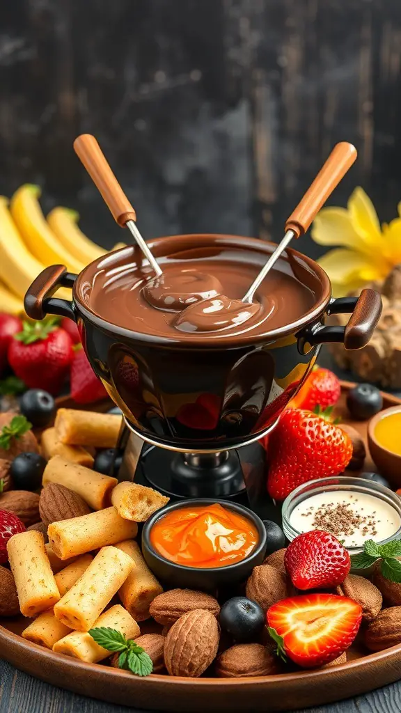 A chocolate fondue pot surrounded by fresh fruits and snacks for dipping.