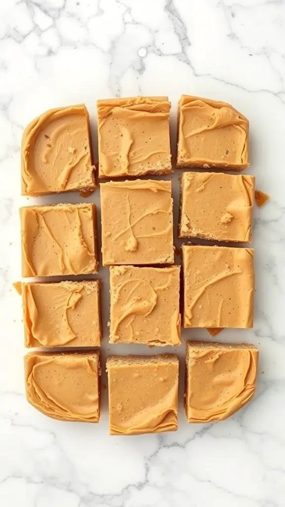 Peanut butter protein bars cut into squares on a marble surface.