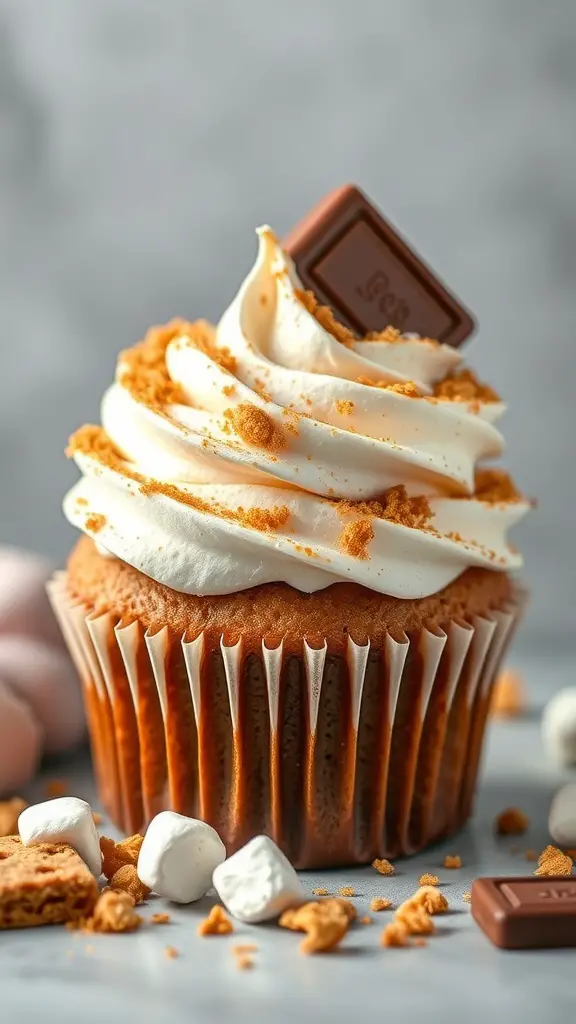 Delicious s'mores cupcake topped with marshmallow frosting and a piece of chocolate.