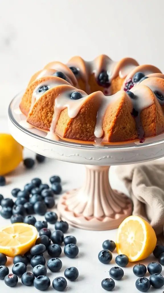A Lemon Blueberry Bundt Cake on a cake stand, surrounded by fresh blueberries and lemon slices.