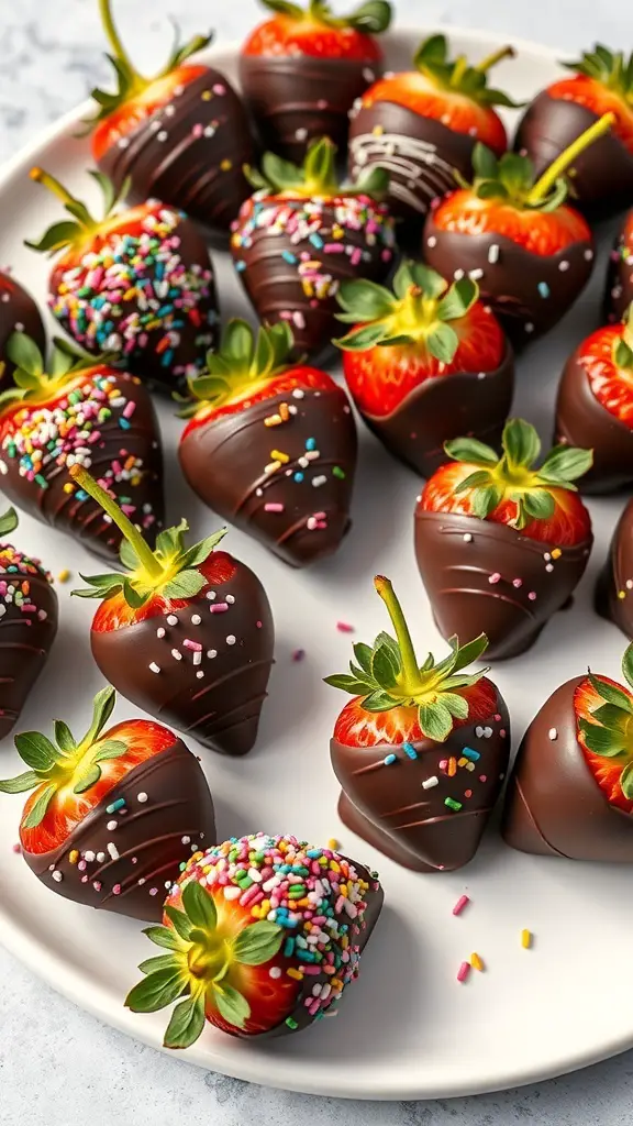 A plate of chocolate dipped strawberries decorated with sprinkles.