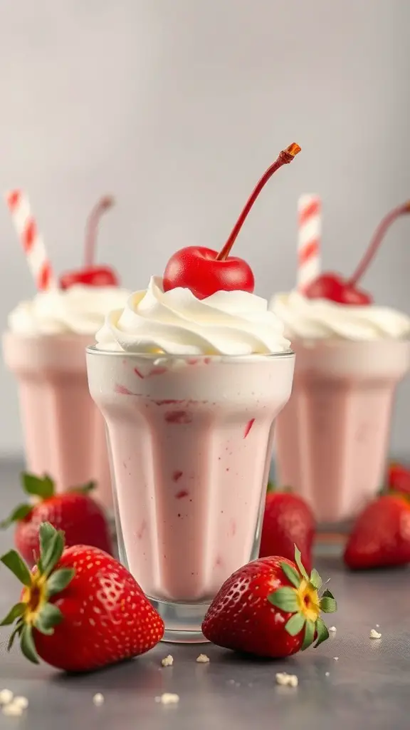 Strawberry milkshake shots topped with whipped cream and cherries
