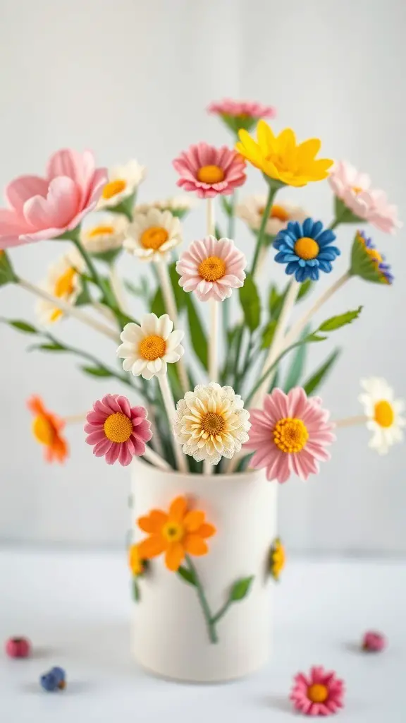 A bouquet of colorful edible flowers arranged in a white vase.