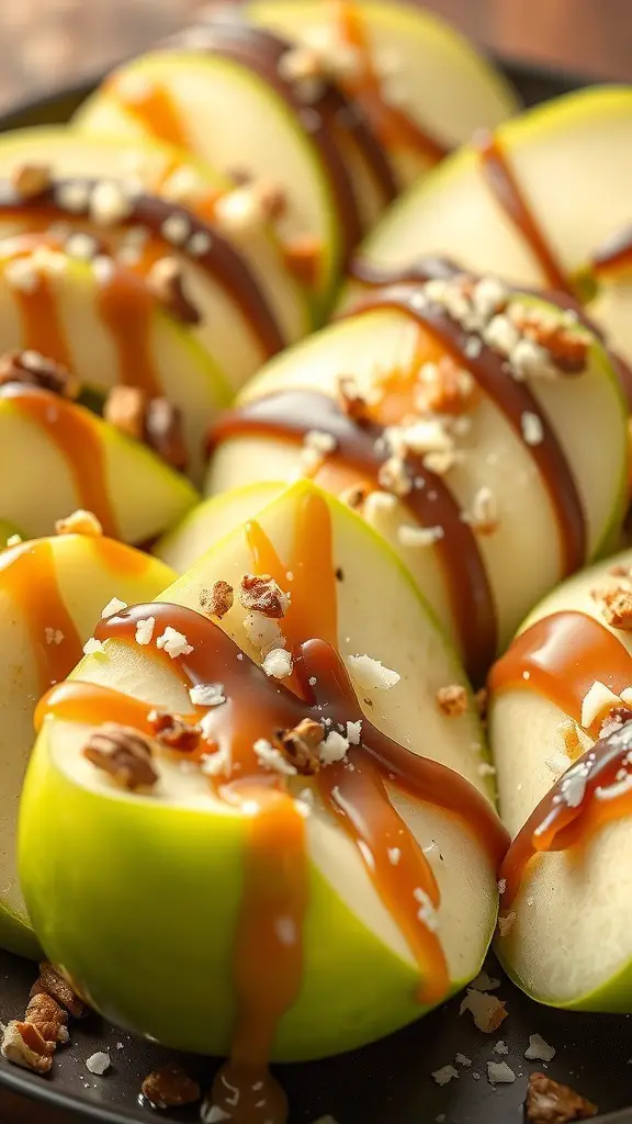 A plate of green apple nachos topped with caramel sauce, nuts, and sea salt.