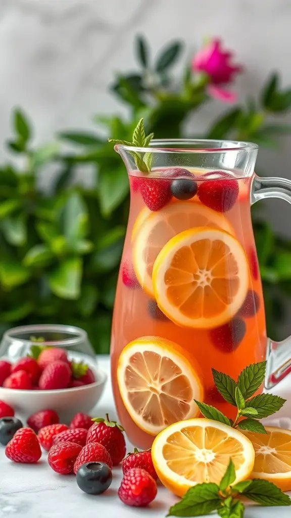 A pitcher of Rosé Sangria with berries and lemon slices, surrounded by fresh berries.