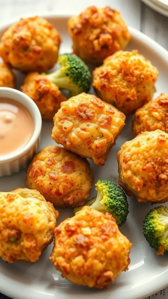 A plate of broccoli and cheese bites with a dipping sauce.