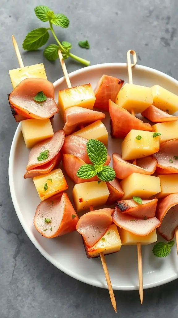 Plate of pineapple and ham skewers garnished with mint leaves