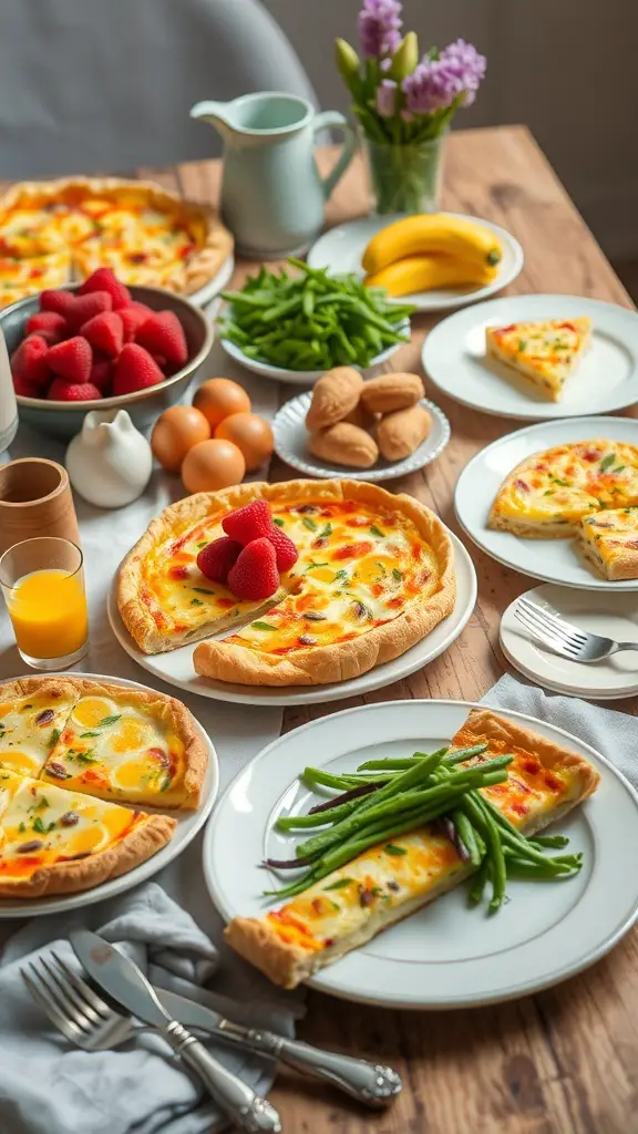 A beautifully arranged Easter brunch table featuring quiches, fresh fruits, and green beans.