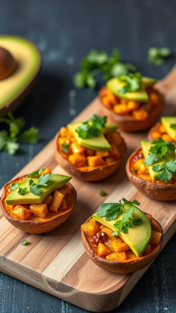 Sweet potato bites topped with avocado and garnished with cilantro on a wooden platter.