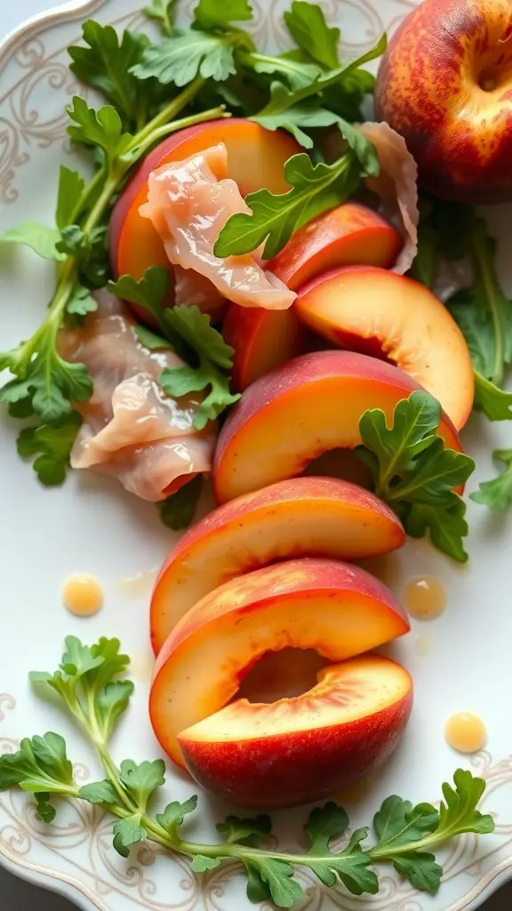 A fresh salad featuring sliced peaches, prosciutto, and arugula on a decorative plate.