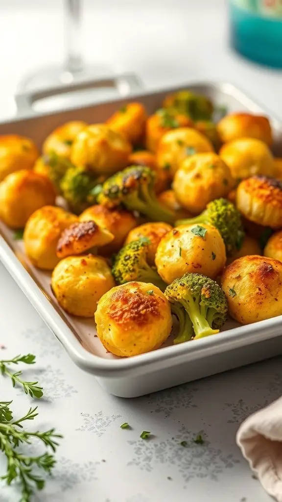 A tray of golden brown broccoli and cheese bites, freshly baked and ready to serve.