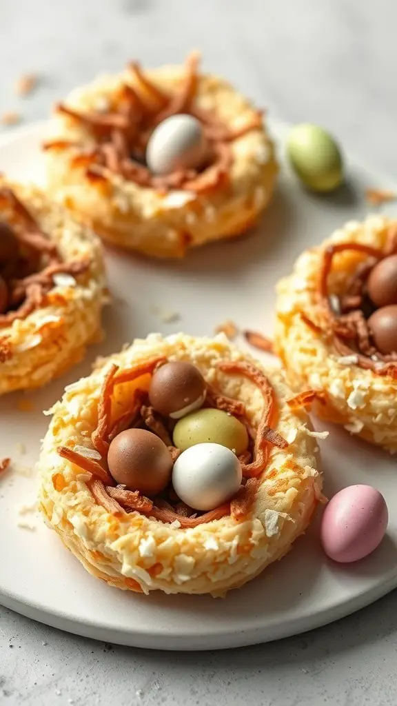 Coconut macaroon nests filled with chocolate eggs, perfect for Easter.
