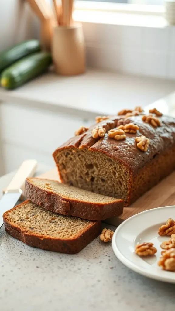 A loaf of zucchini bread with walnuts, sliced and served on a plate, with whole walnuts scattered on top.