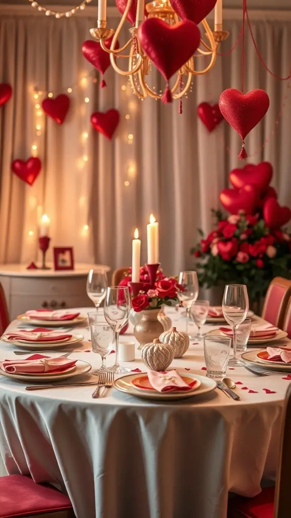 A beautifully decorated table for a Galentine's dinner party with heart-shaped decor, candles, and floral centerpieces.
