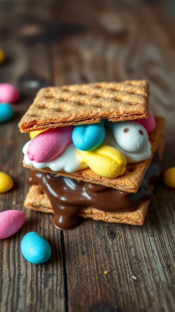 Colorful Peeps S'mores stacked with graham crackers, chocolate, and candy eggs