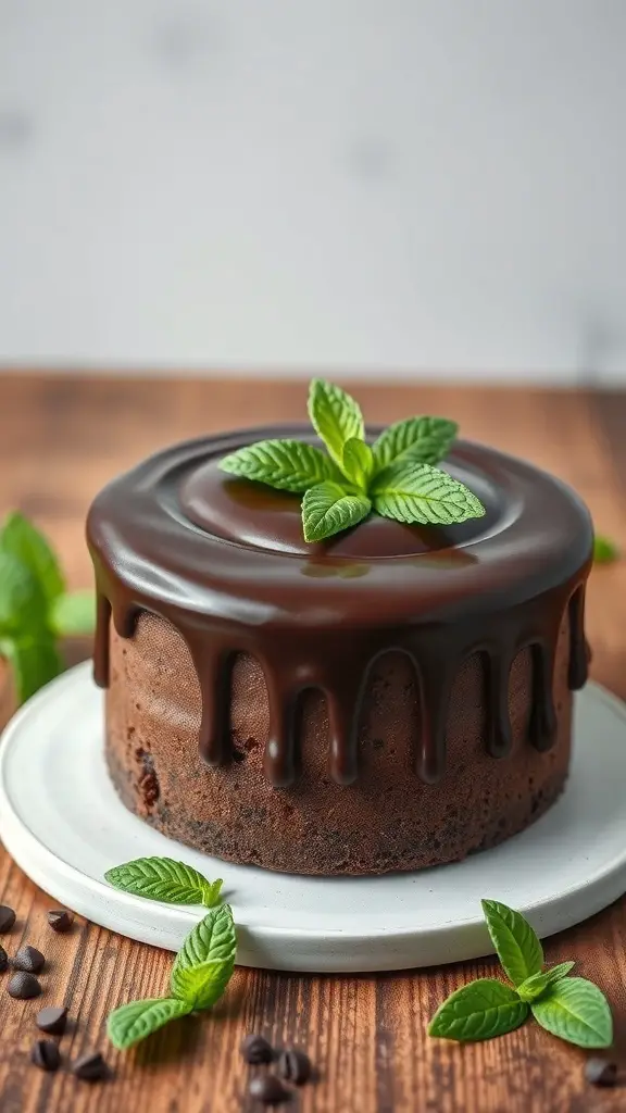 A chocolate mint cake with a glossy ganache and fresh mint leaves on top.