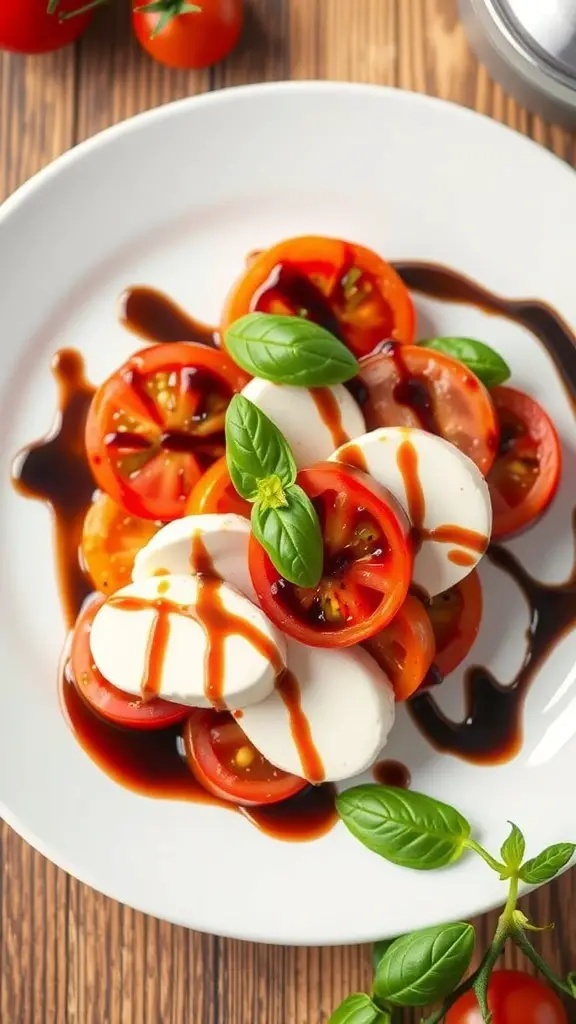 A plate of Classic Caprese Salad with fresh mozzarella, tomatoes, and basil drizzled with balsamic glaze.