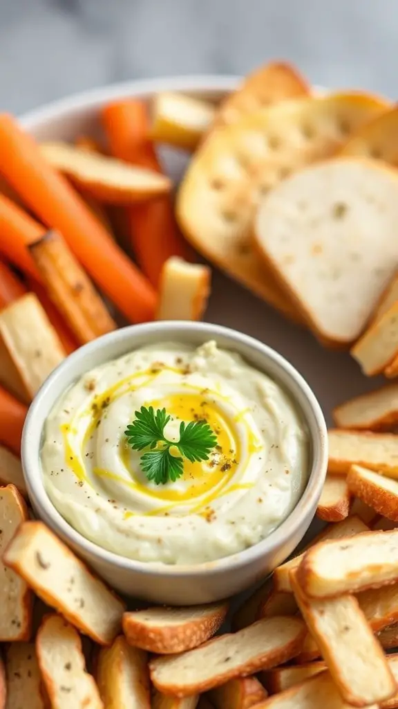 Creamy Garlic Parmesan Dip served with potato slices and carrot sticks