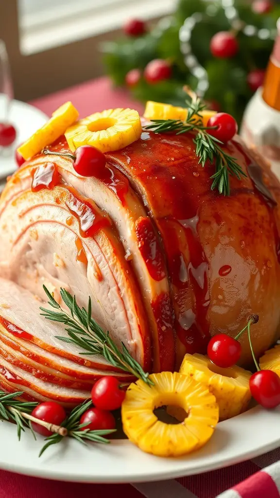 A beautifully glazed ham topped with pineapple slices and cherries, garnished with rosemary.