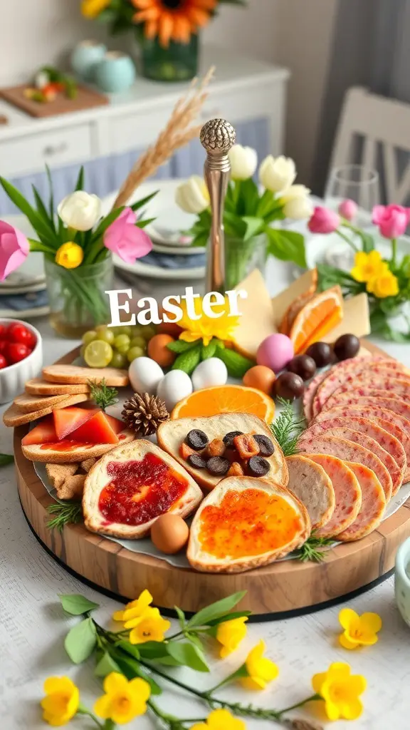 Easter themed charcuterie board with colorful treats and flowers