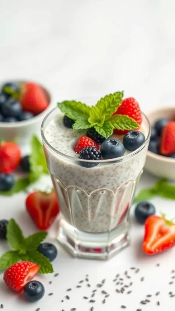 A glass of chia seed pudding topped with strawberries, blueberries, and mint leaves, surrounded by fresh berries.