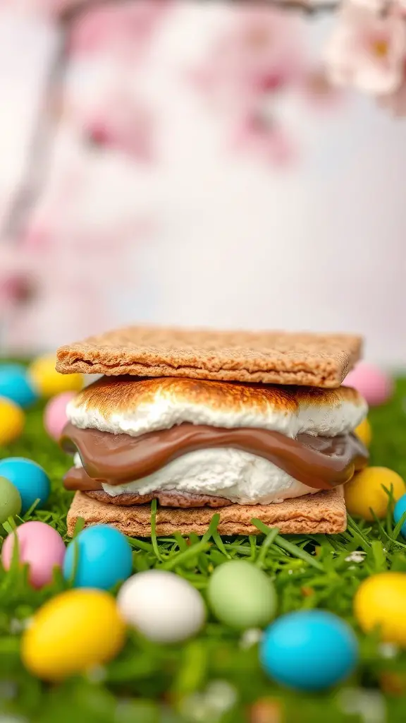 A close-up of Peeps S'mores with colorful Easter eggs in the background.