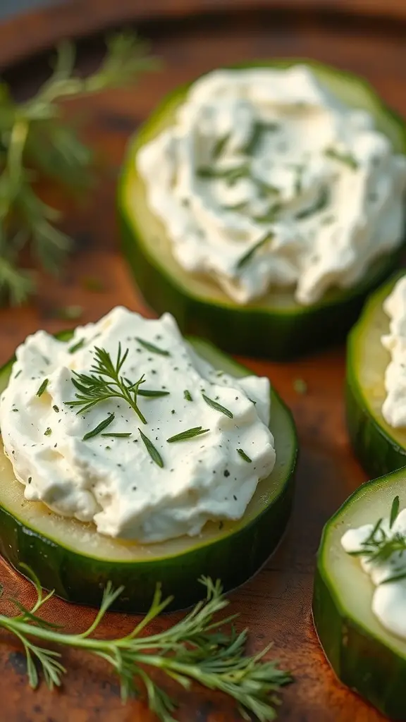 Cucumber slices topped with cream cheese and herbs on a wooden platter