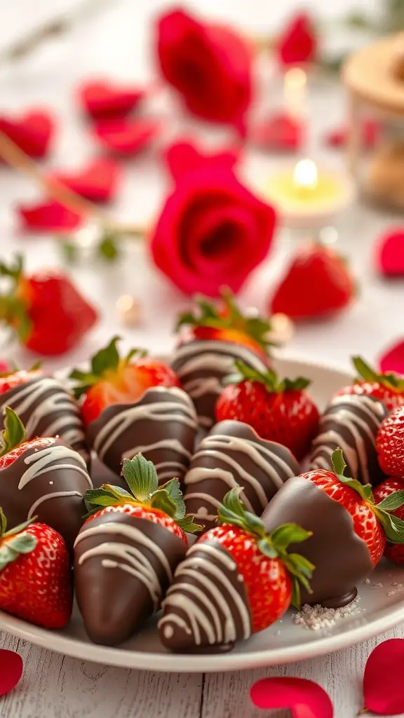 A plate of chocolate-covered strawberries with decorative rose petals in the background
